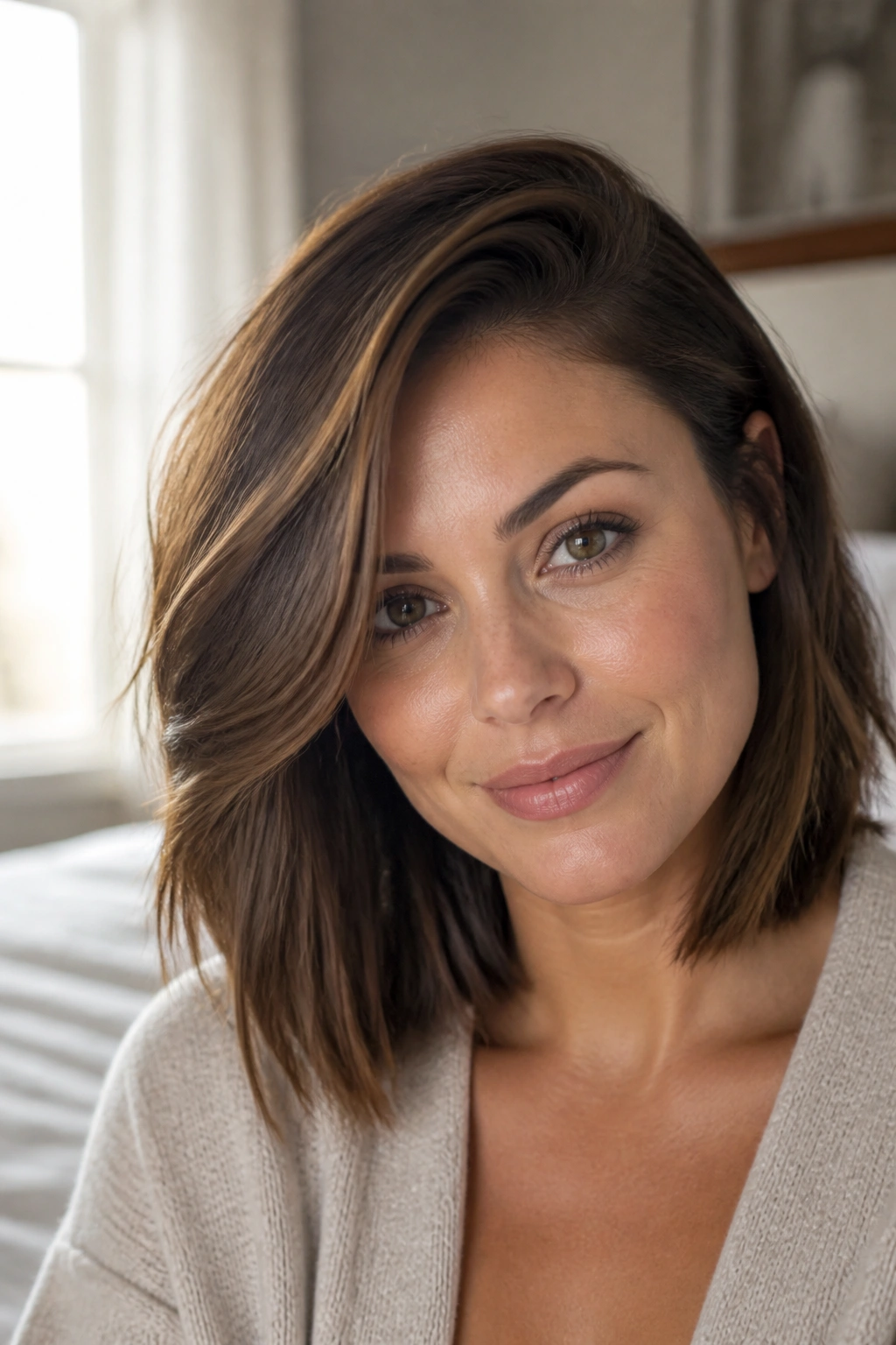 Close-up of a woman with a side-swept lob hairstyle in a softly lit room.