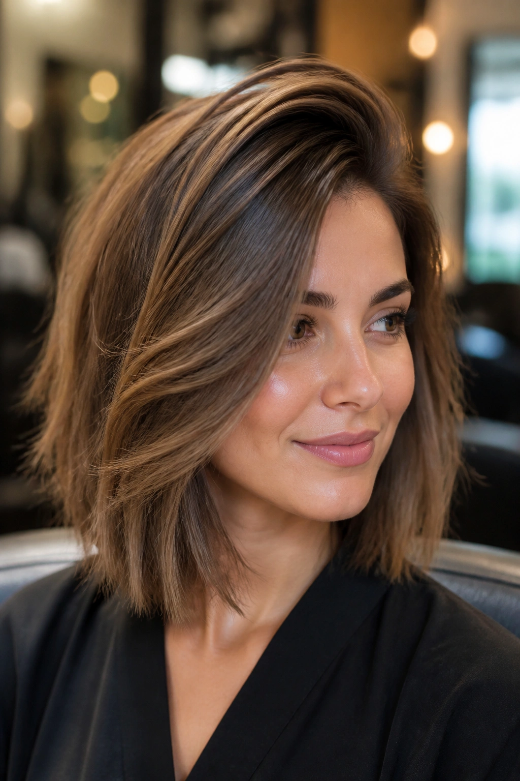 Close-up of side-swept lob with root lift on a real person