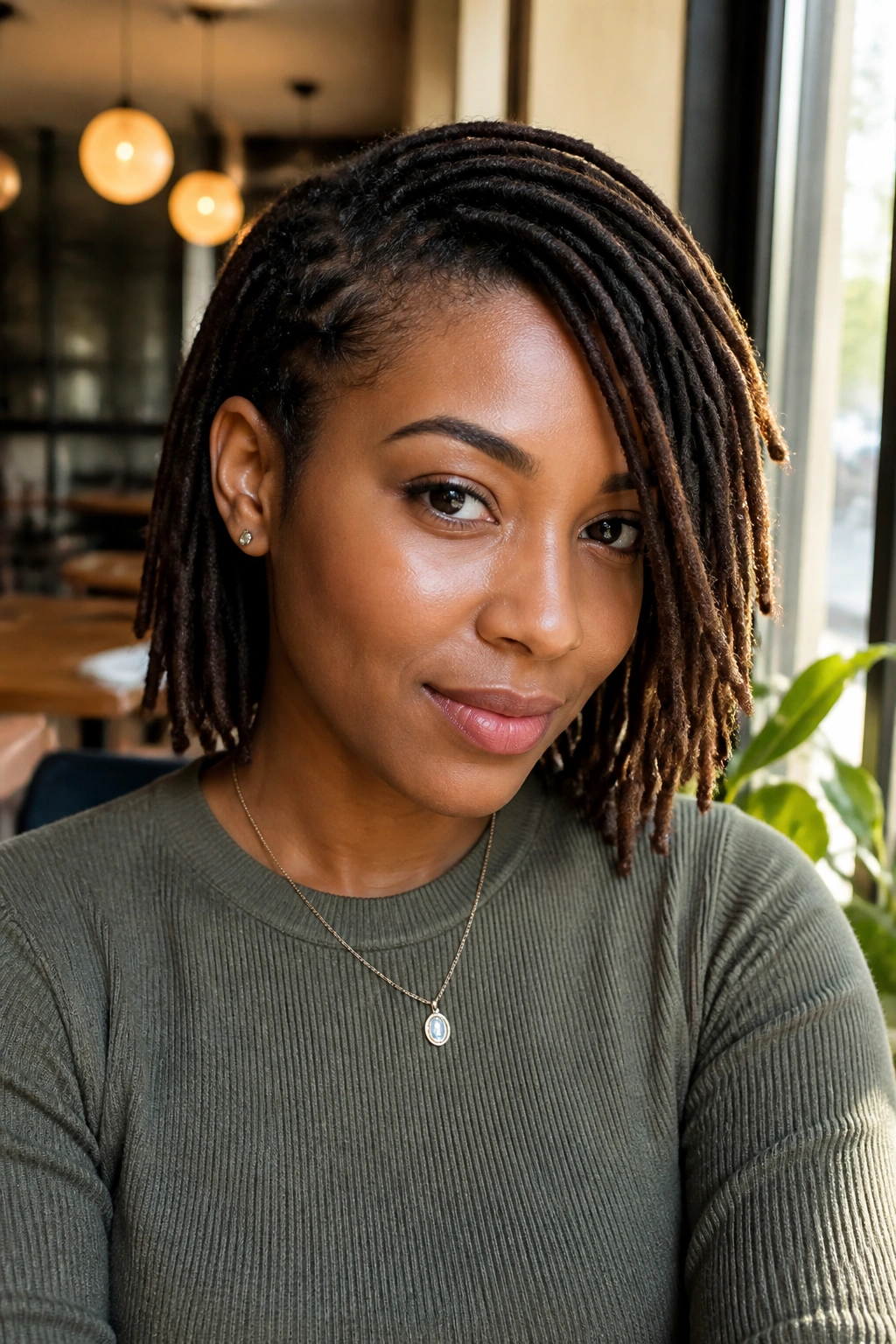 Medium close-up of a woman with side-swept loc bob and deep side part.