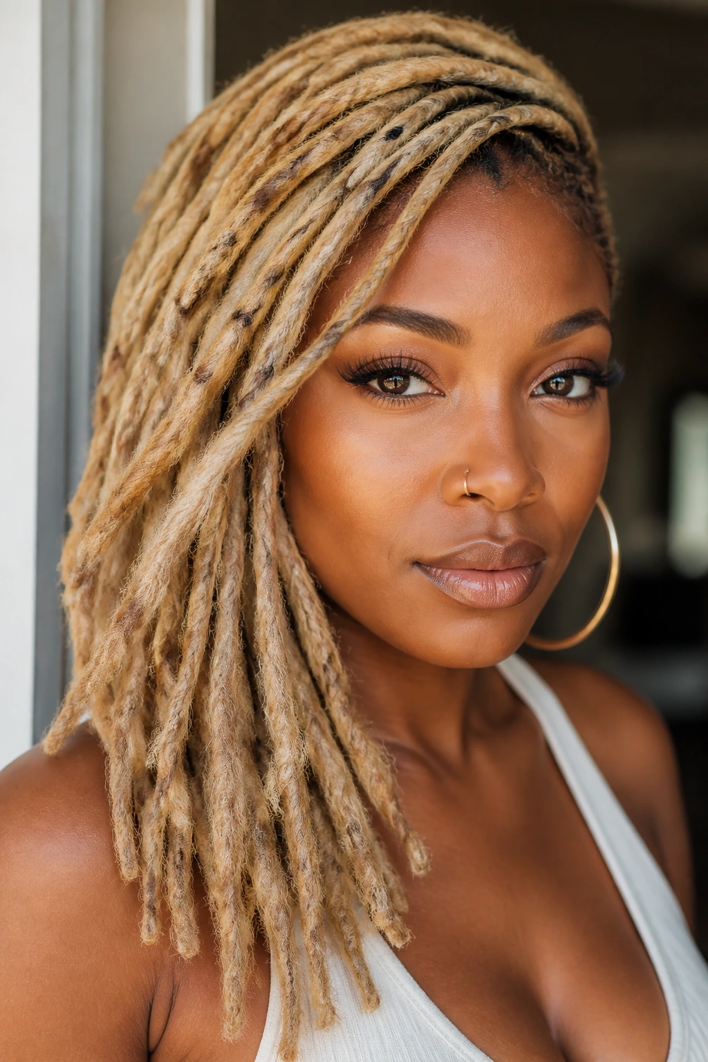 Close-up portrait of a real woman with side-swept blonde locs framing the face in natural light