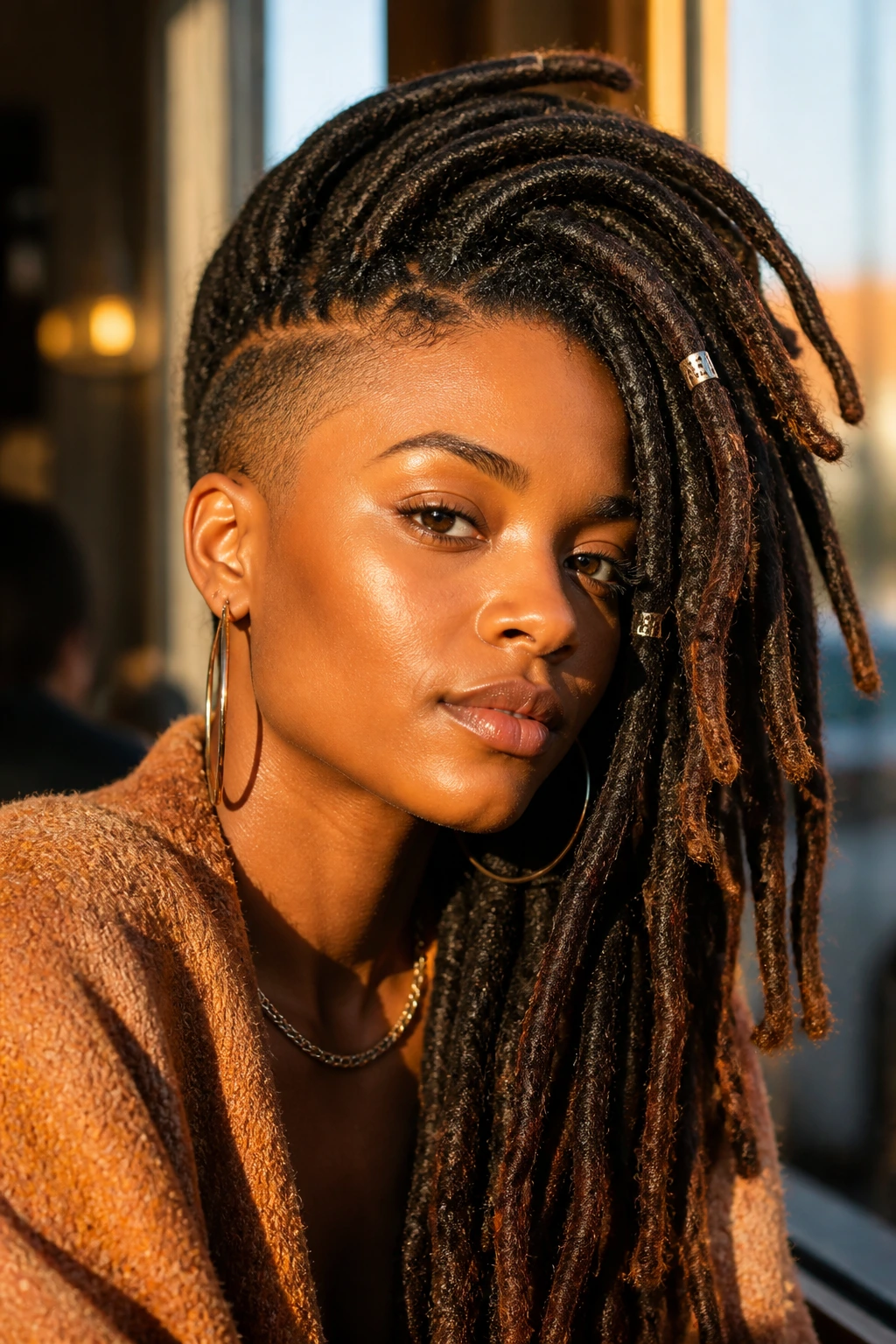 Portrait of person with side-swept locs mohawk in cafe light