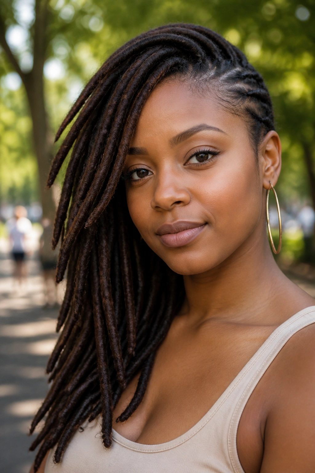 Portrait of a person with side-swept locs creating a diagonal line across the face.