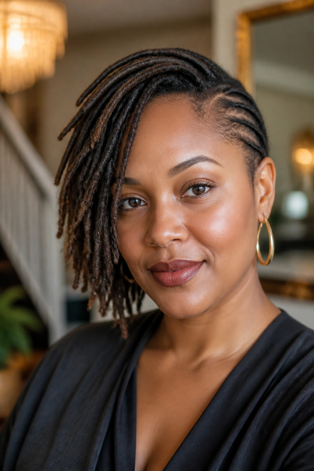 Real person with side-swept short locs and one tucked side in a chic interior