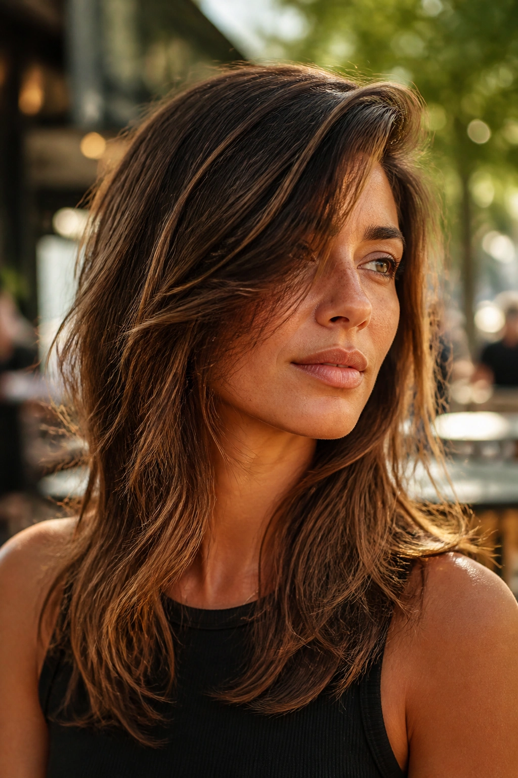Close-up of a real woman with side-swept long shag in an urban setting
