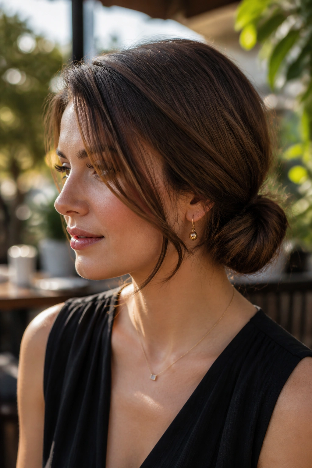 Close-up of a real woman with a side-swept low knot near the ear