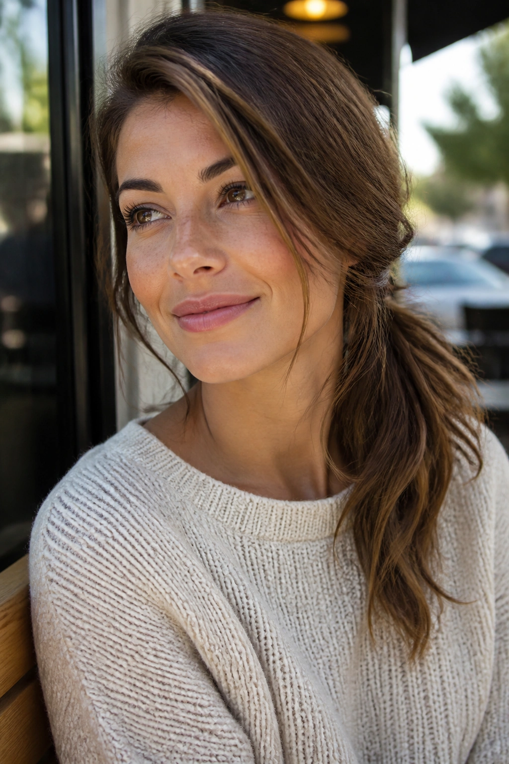Real person with side-swept messy ponytail over shoulder