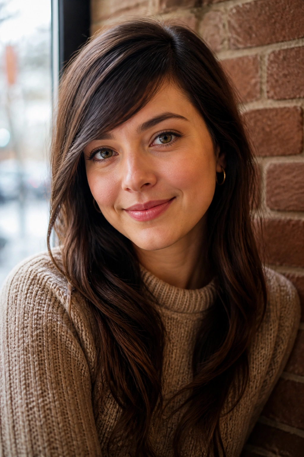 Close-up of a real woman with side-swept long micro bangs across the face