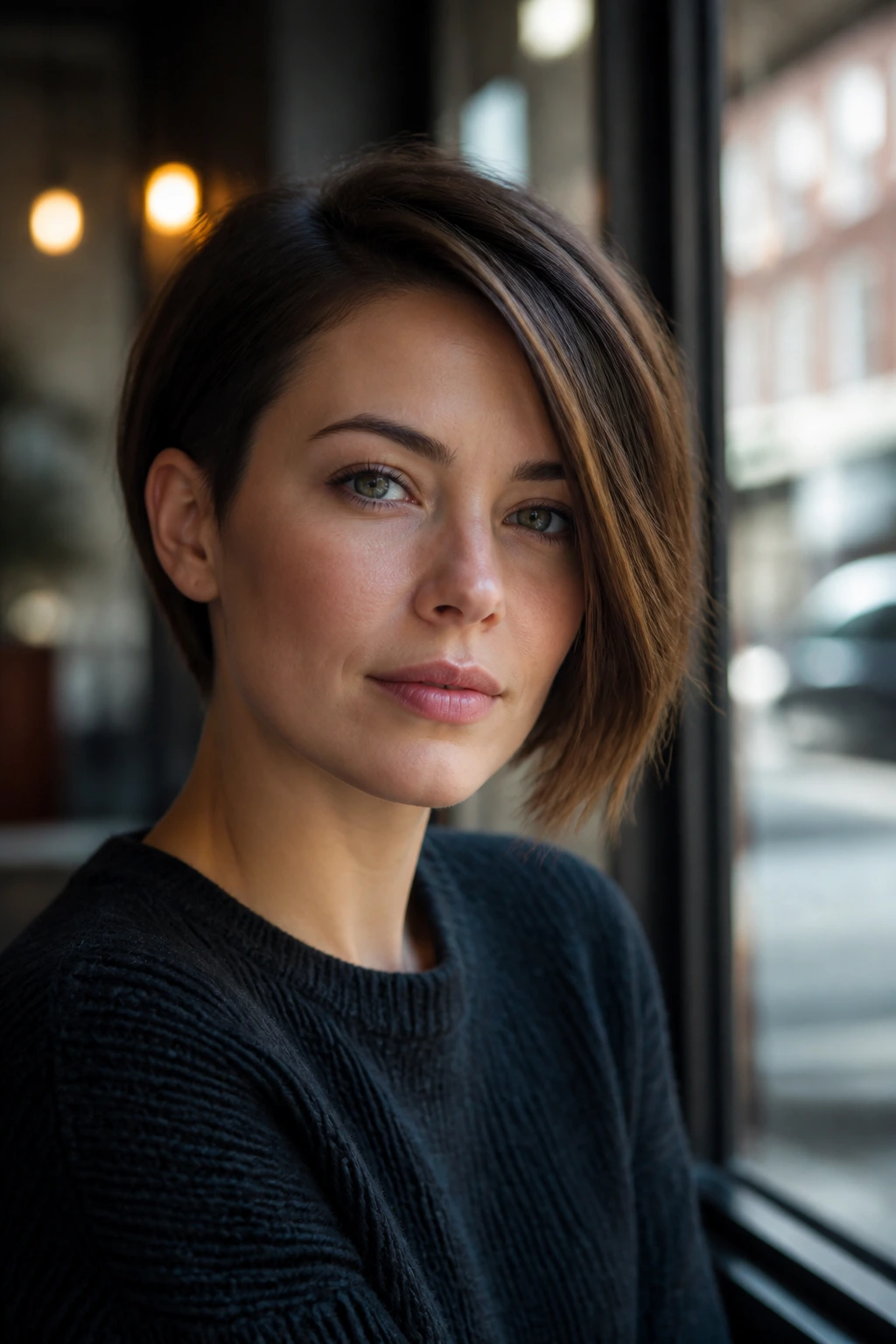 Close-up of a real person with a side-swept micro bob.
