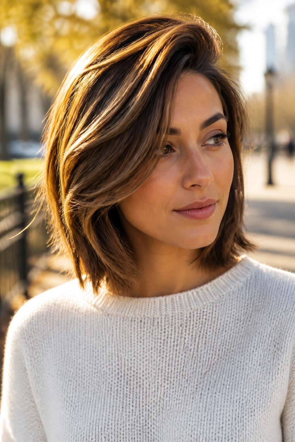 Close-up of a real woman with a side-swept midi cut