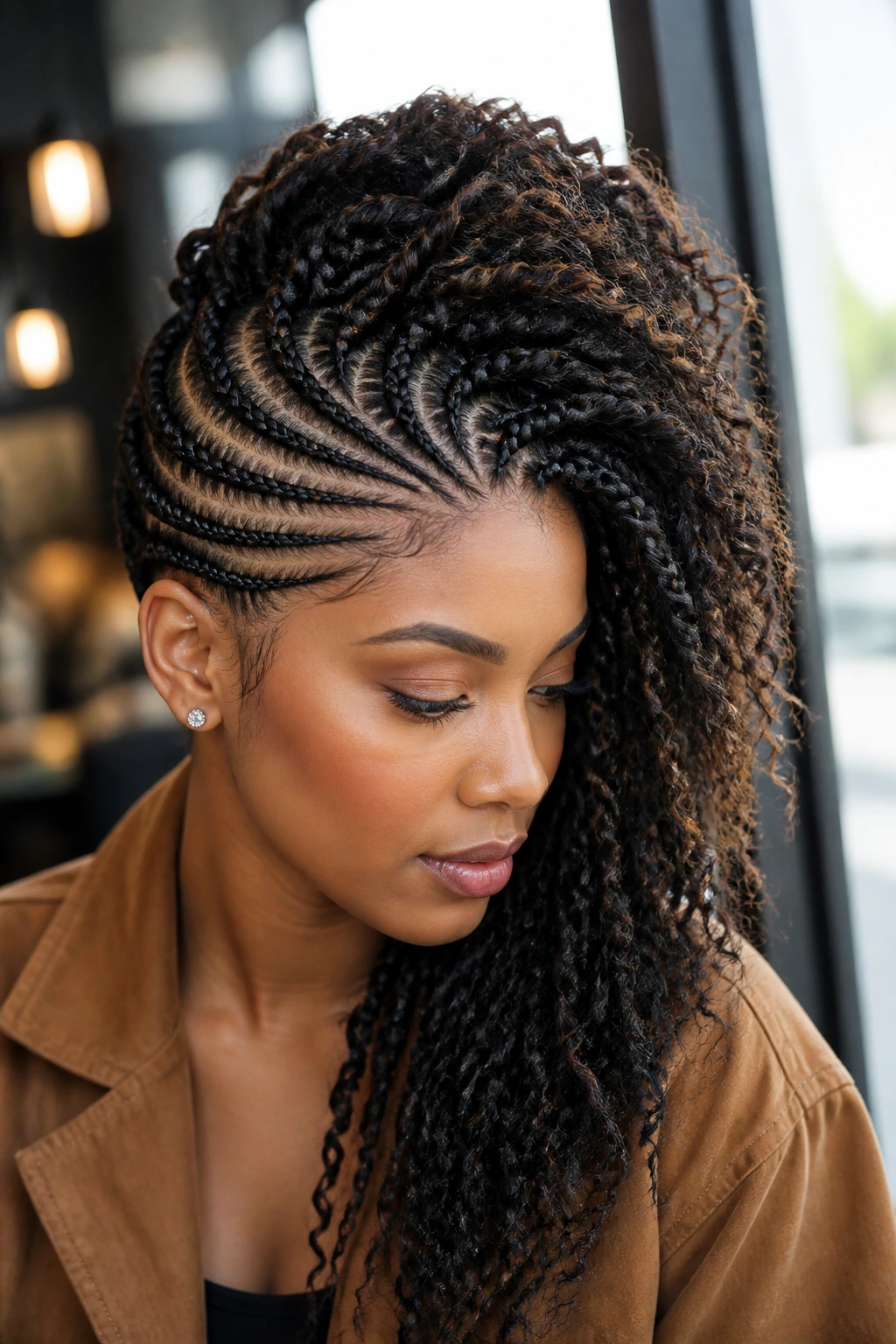 Portrait of real person with Side-Swept Mohawk showing diagonal ridge and asymmetrical cornrows