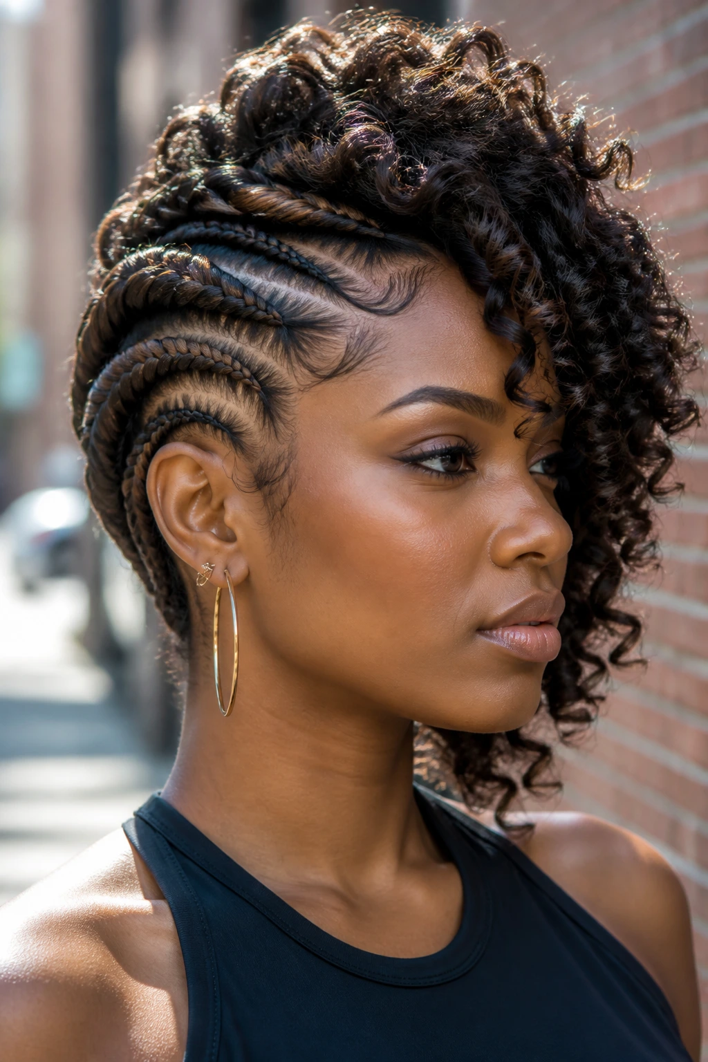 Portrait of woman with side-swept mohawk braids and curly curls outdoors