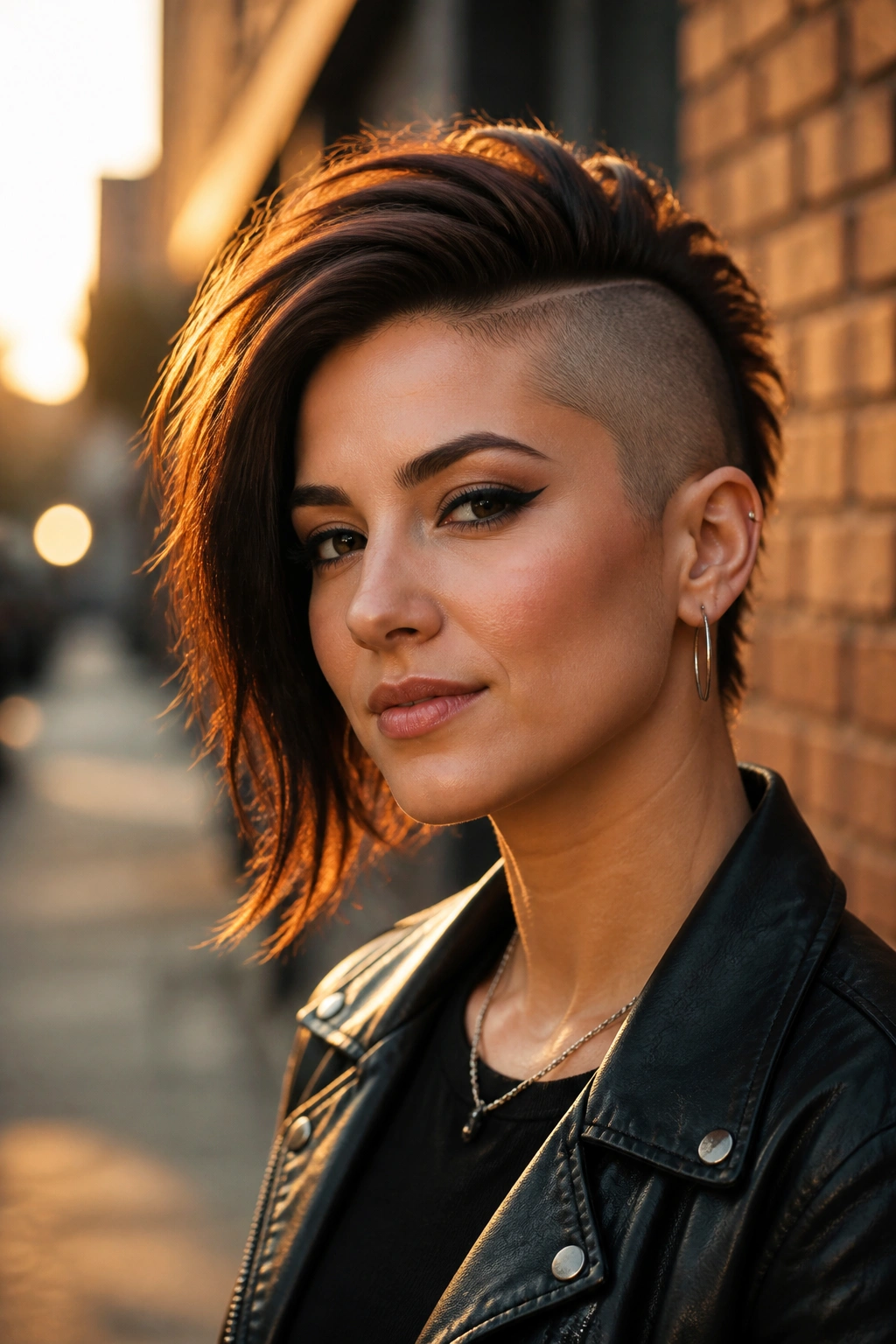 Close-up of a real woman with a side-swept mohawk and shaved side against an urban golden-hour backdrop