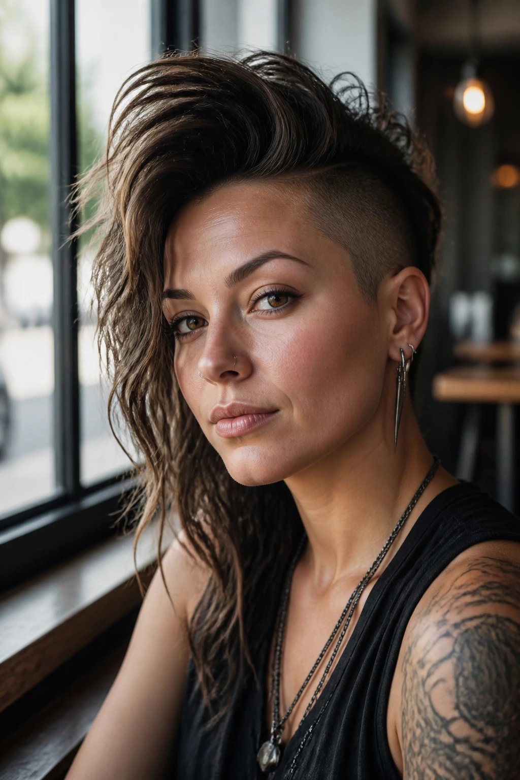 Close-up of a real person with side-swept Mohawk volume in a cafe window setting