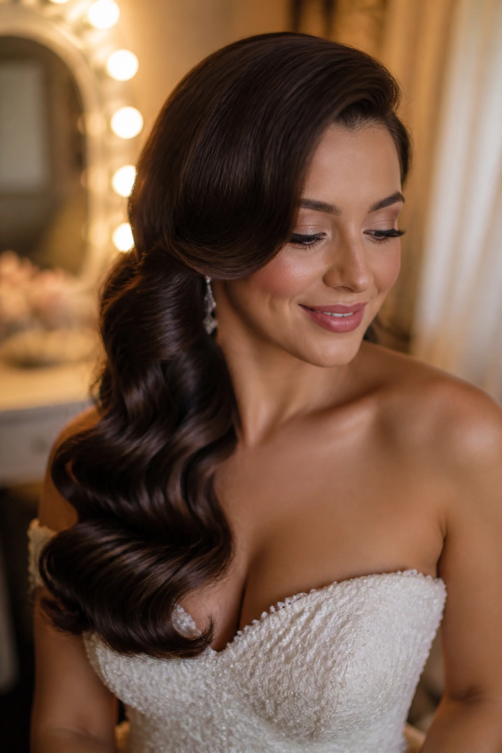 Bride with deep side-parted old Hollywood waves.