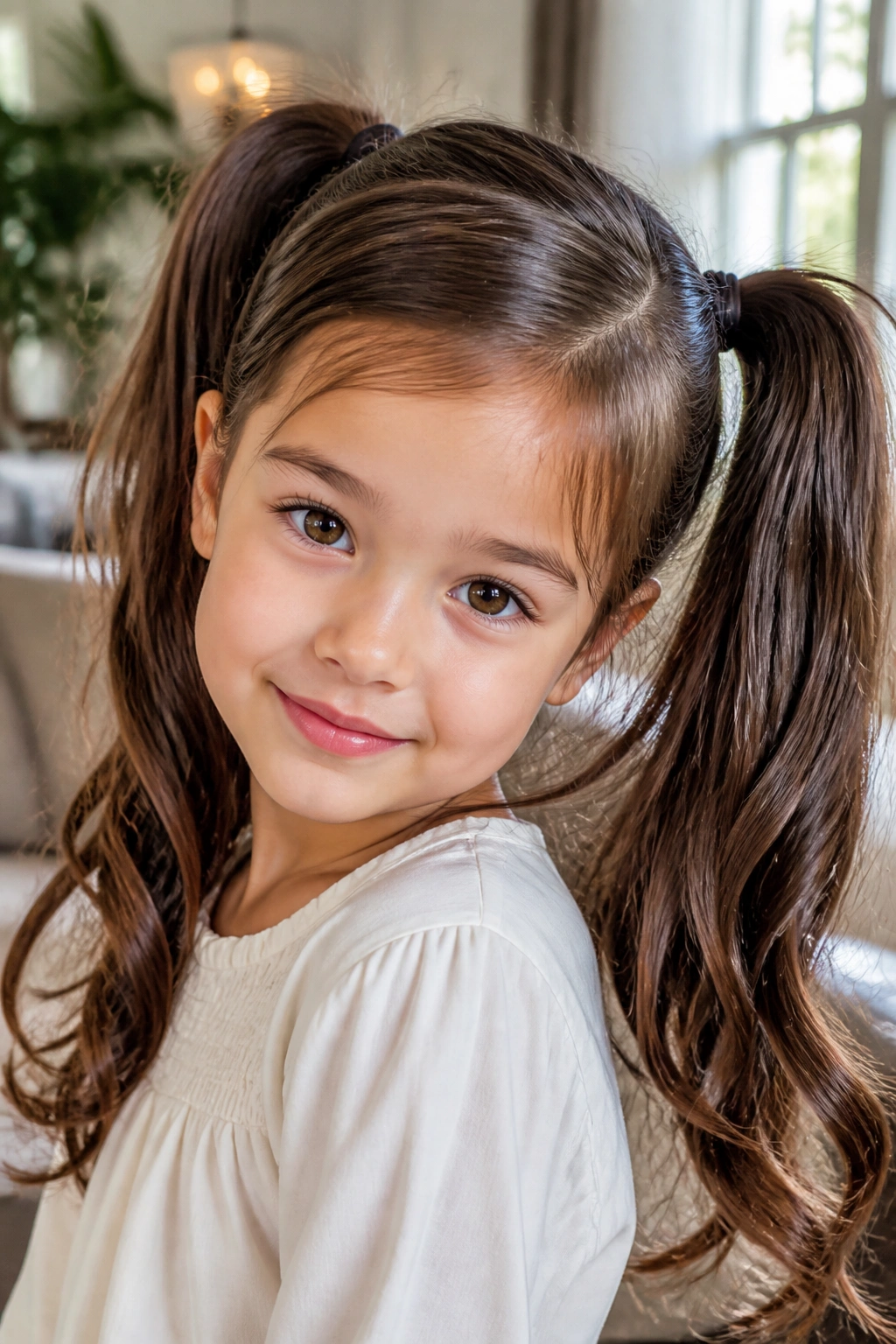 Close-up of real girl with side-swept high pigtails under natural light
