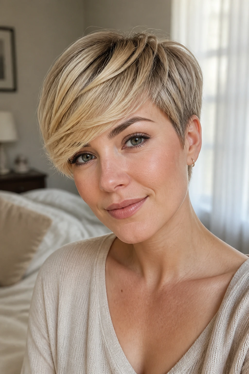 Close-up of a real woman with side-swept pixie framing her eyes