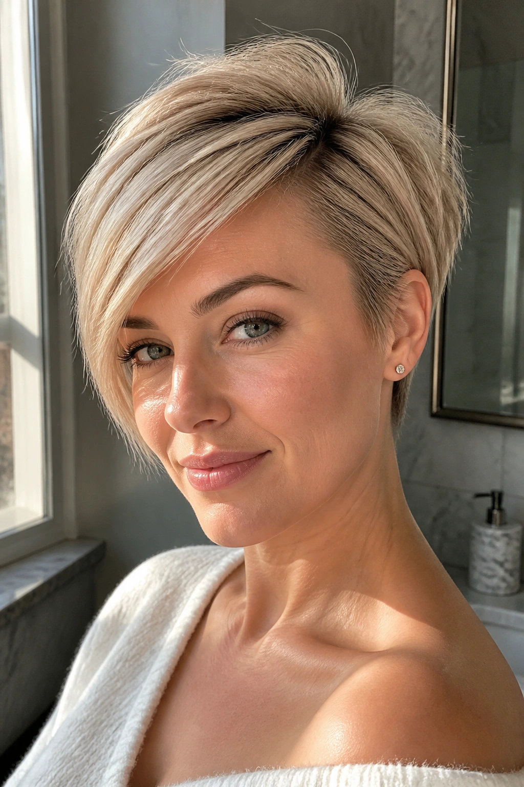 Close-up of a real woman with a side-swept pixie and long top blonde hairstyle