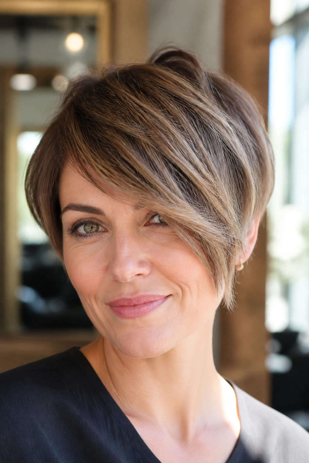 Side-Swept pixie bob hairstyle on real woman with diagonal fringe and warm window light