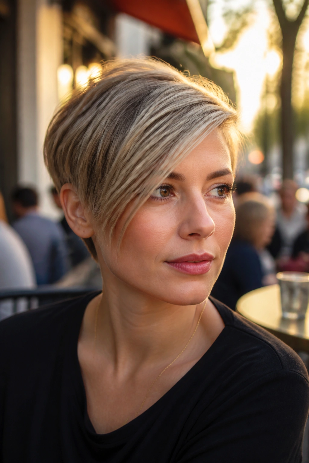 Portrait of a real woman with a side-swept pixie bob at golden hour