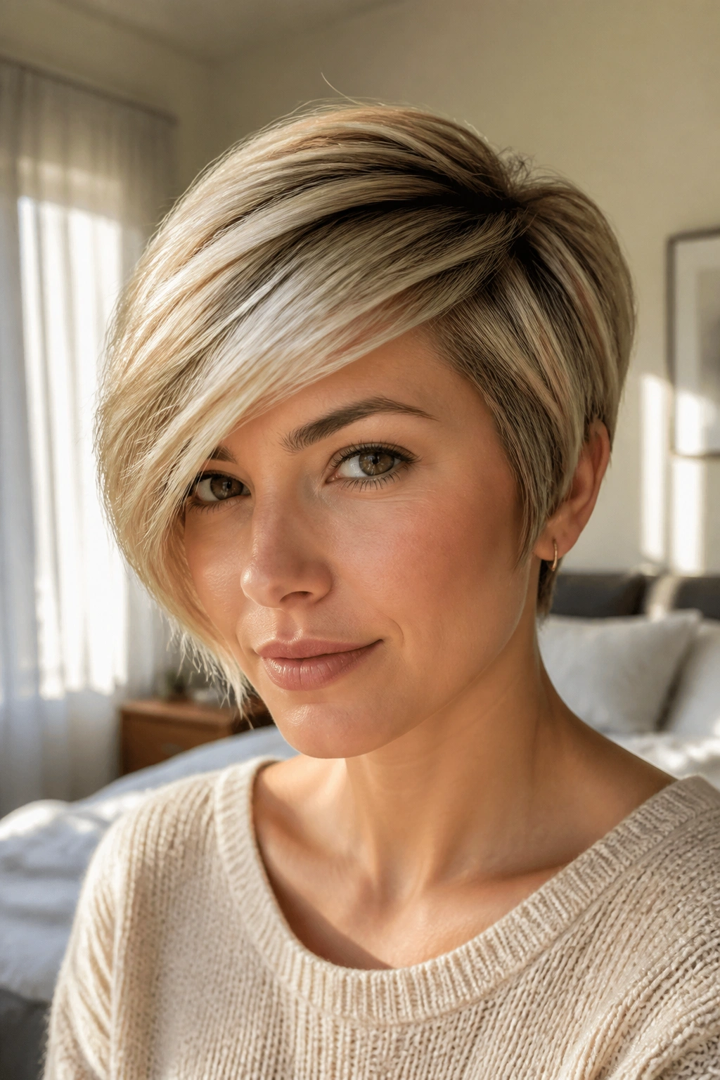 Close-up portrait of a real woman with a side-swept pixie bob