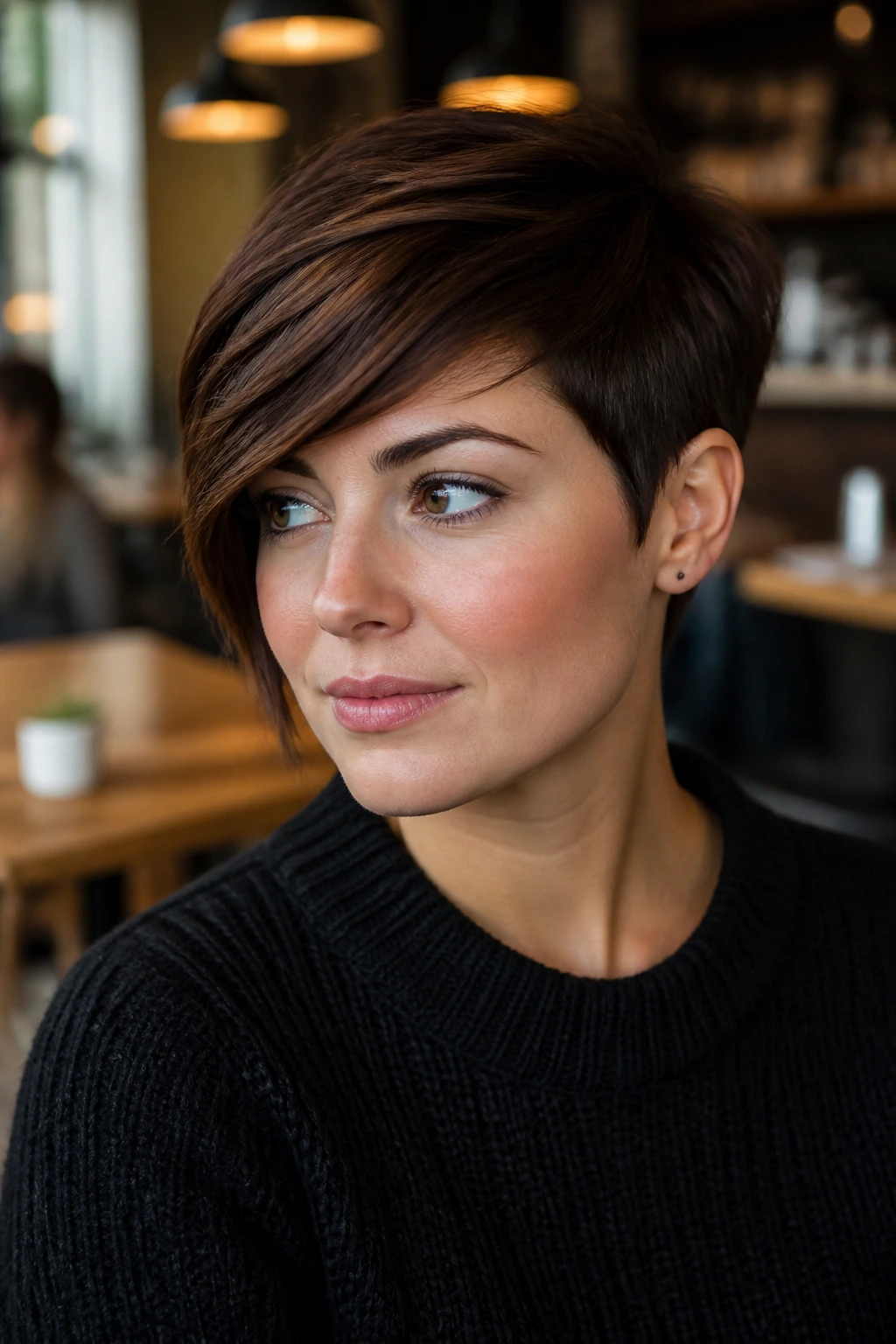 Close-up of a woman with a side-swept chocolate pixie hairstyle