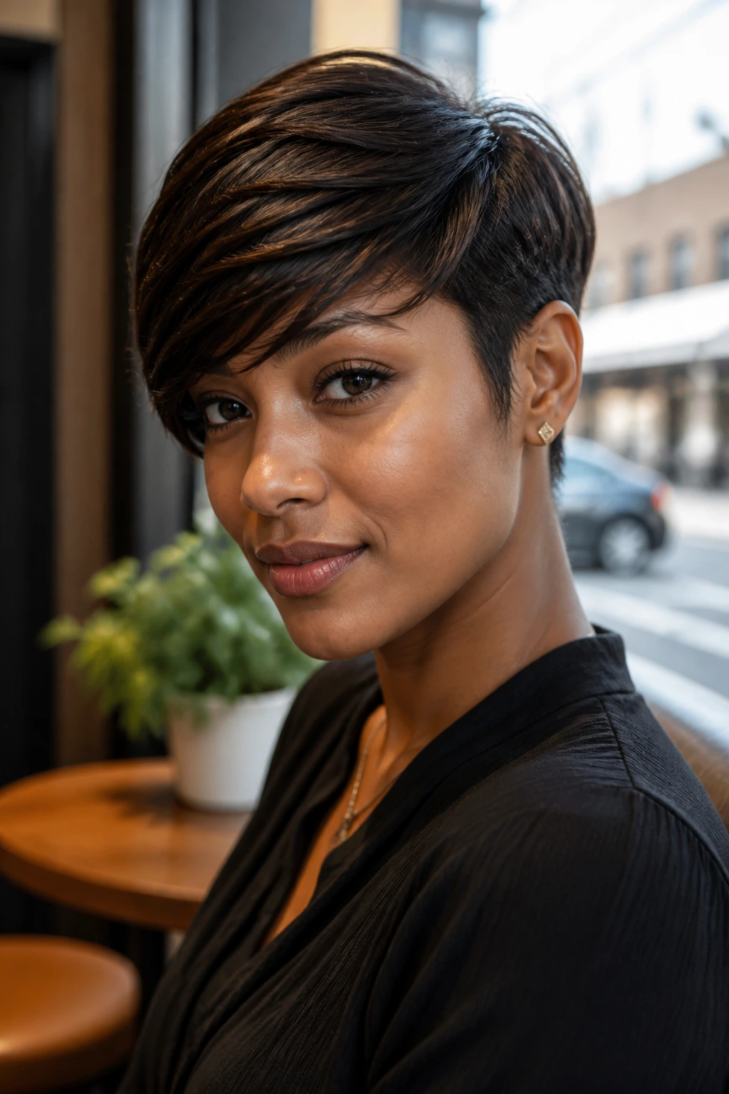 Close-up portrait of a real woman with a side-swept pixie crop and tucked sides.