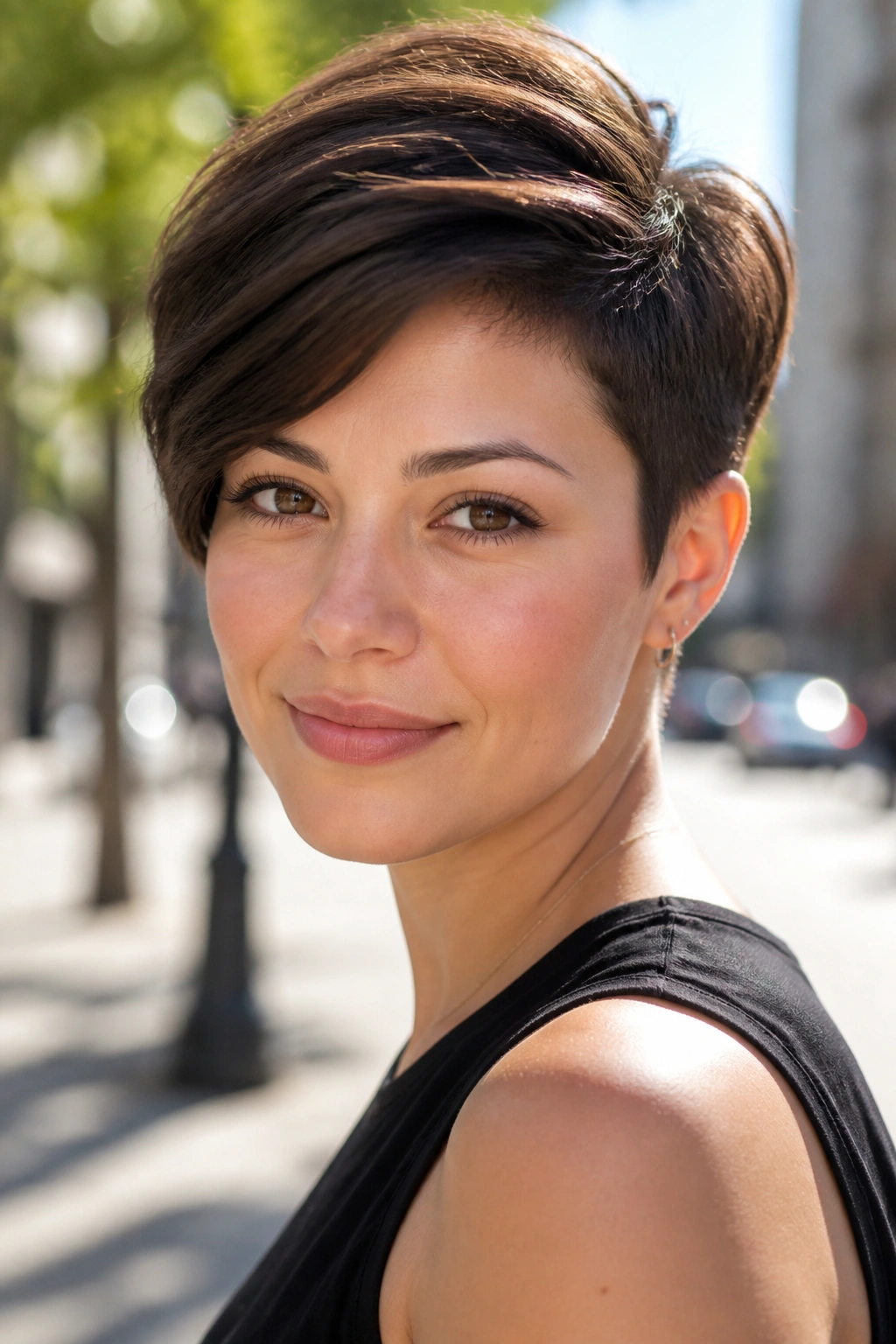 Real woman with side-swept pixie cut in sunlit outdoor setting