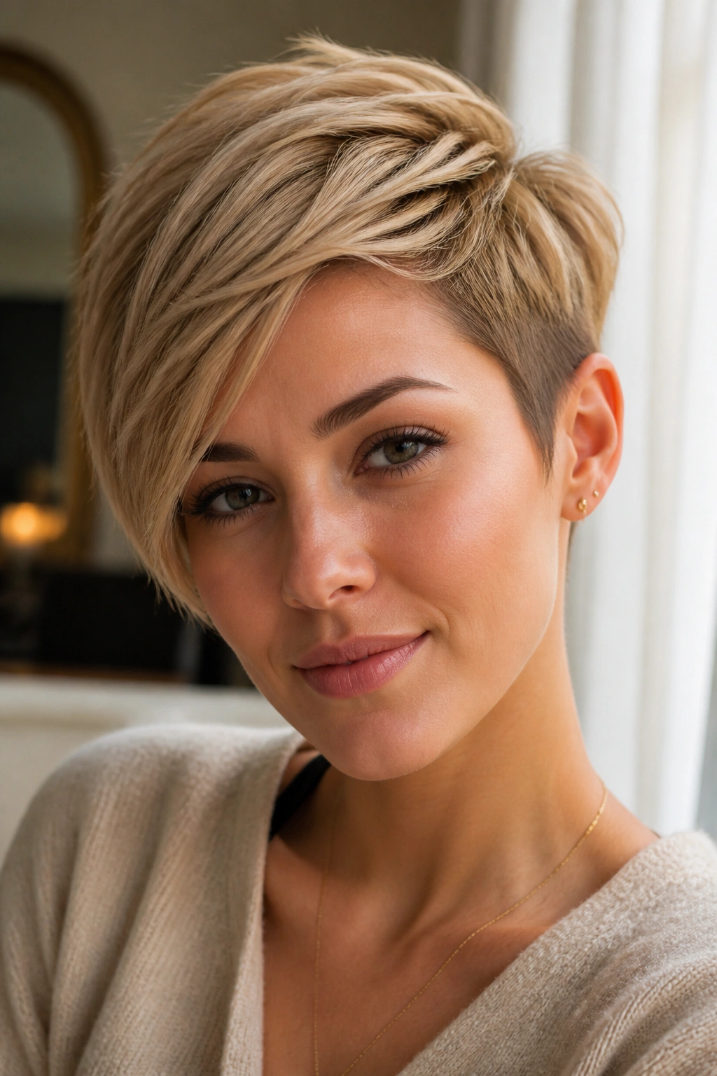 Real person with side-swept pixie cut under warm indoor light.