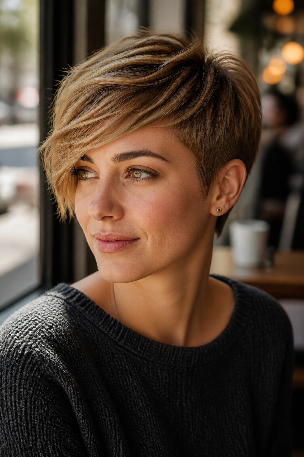 Portrait of a person with a side-swept pixie cut