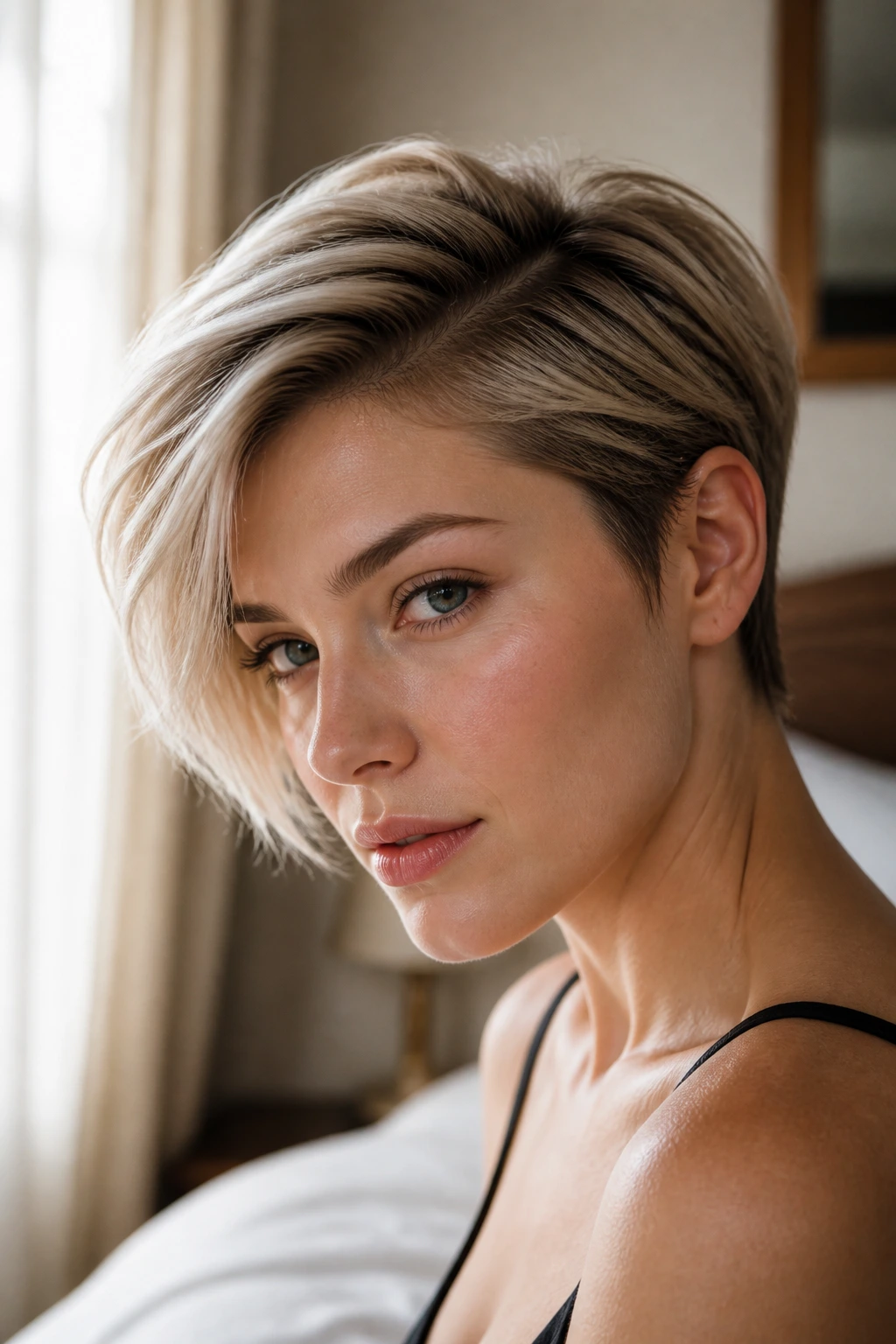 Close-up of a real woman with a side-swept pixie in warm window light.
