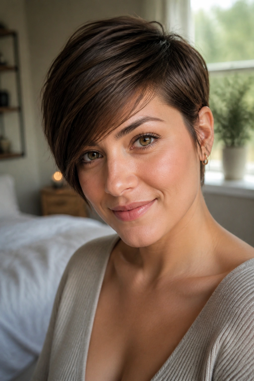Close-up portrait of a real woman with a side-swept long pixie and soft fringe.