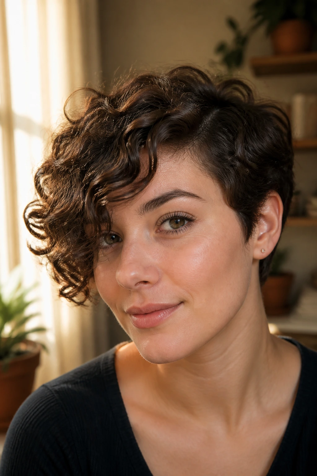 Close-up of a real woman with a side-swept curly pixie and long fringe