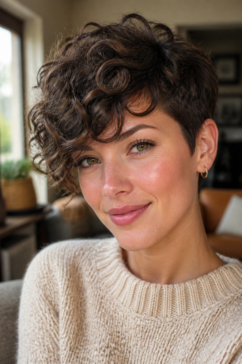 Real woman with side-swept curly pixie and long fringe close-up