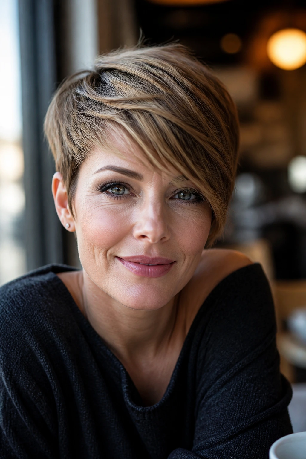 Real woman with side swept pixie and long fringe creating fullness