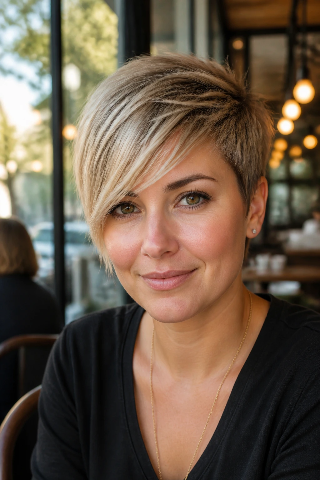 Real woman with a side-swept pixie and long fringe