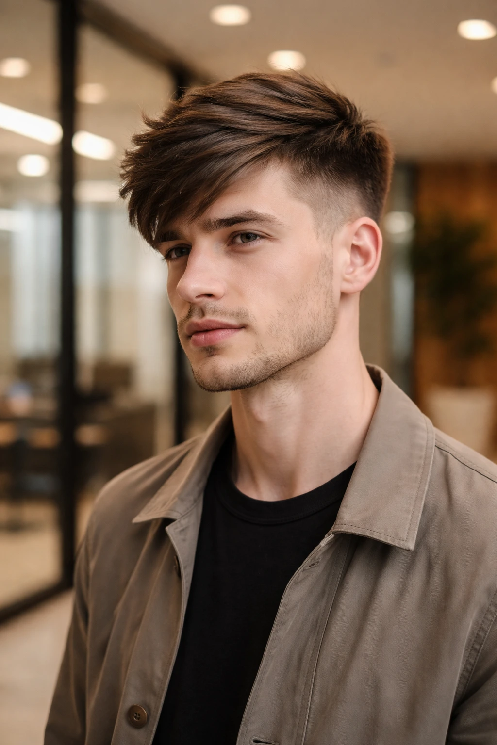 Close-up of a man with a side-swept pixie haircut in an office lobby