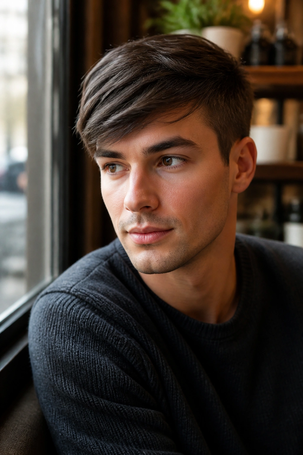Close-up of a man with a side-swept pixie hairstyle in a cafe setting.