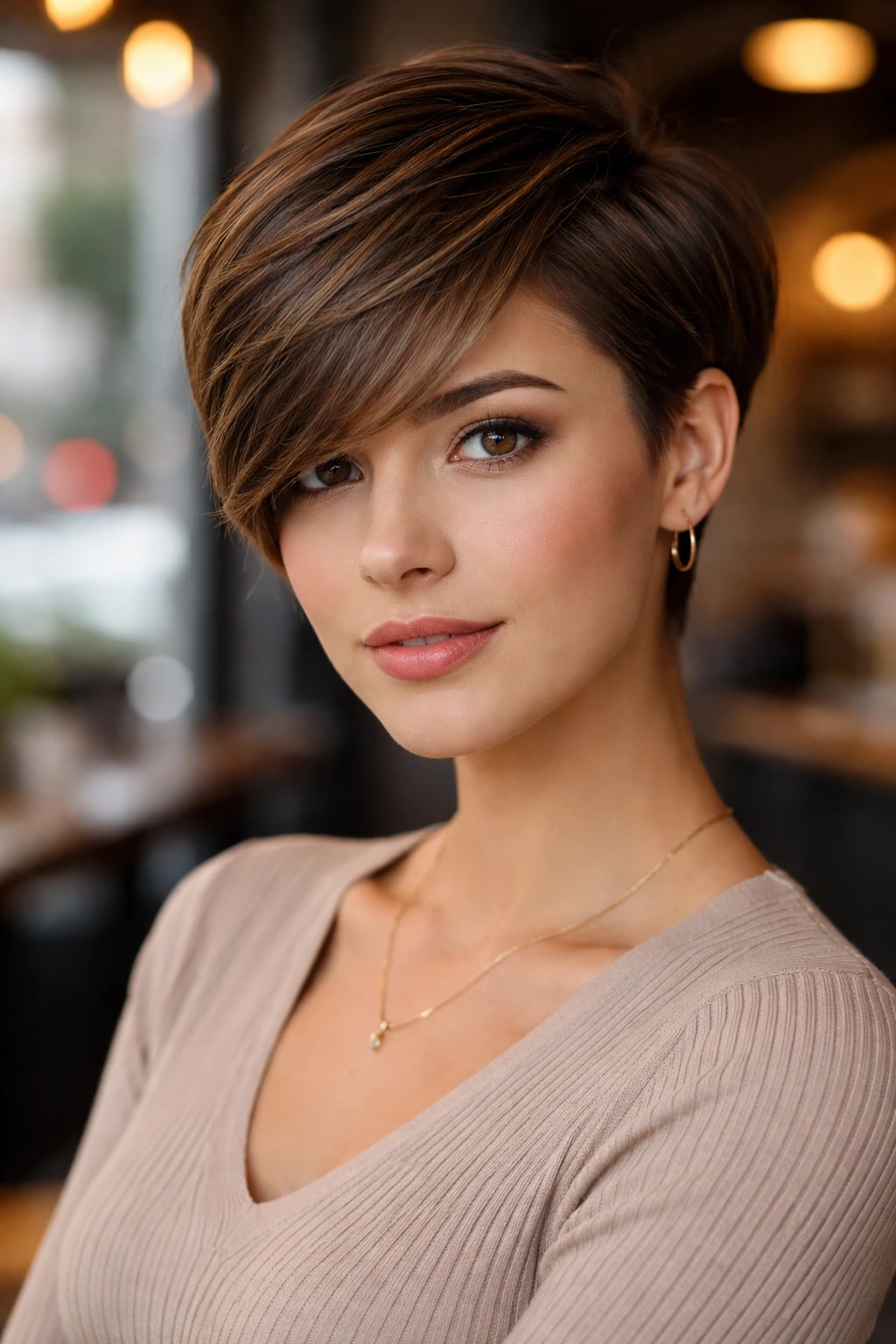 Close-up of a real person with a side-swept pixie in an urban cafe