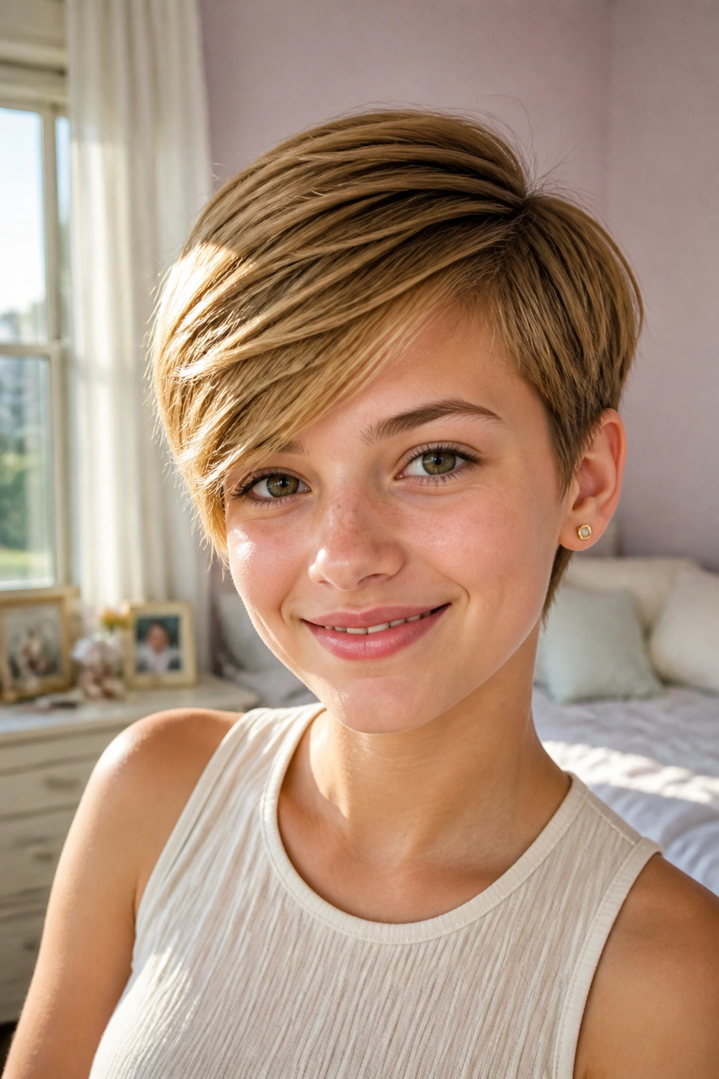 Close-up portrait of a girl with a side-swept pixie fringe in warm natural light