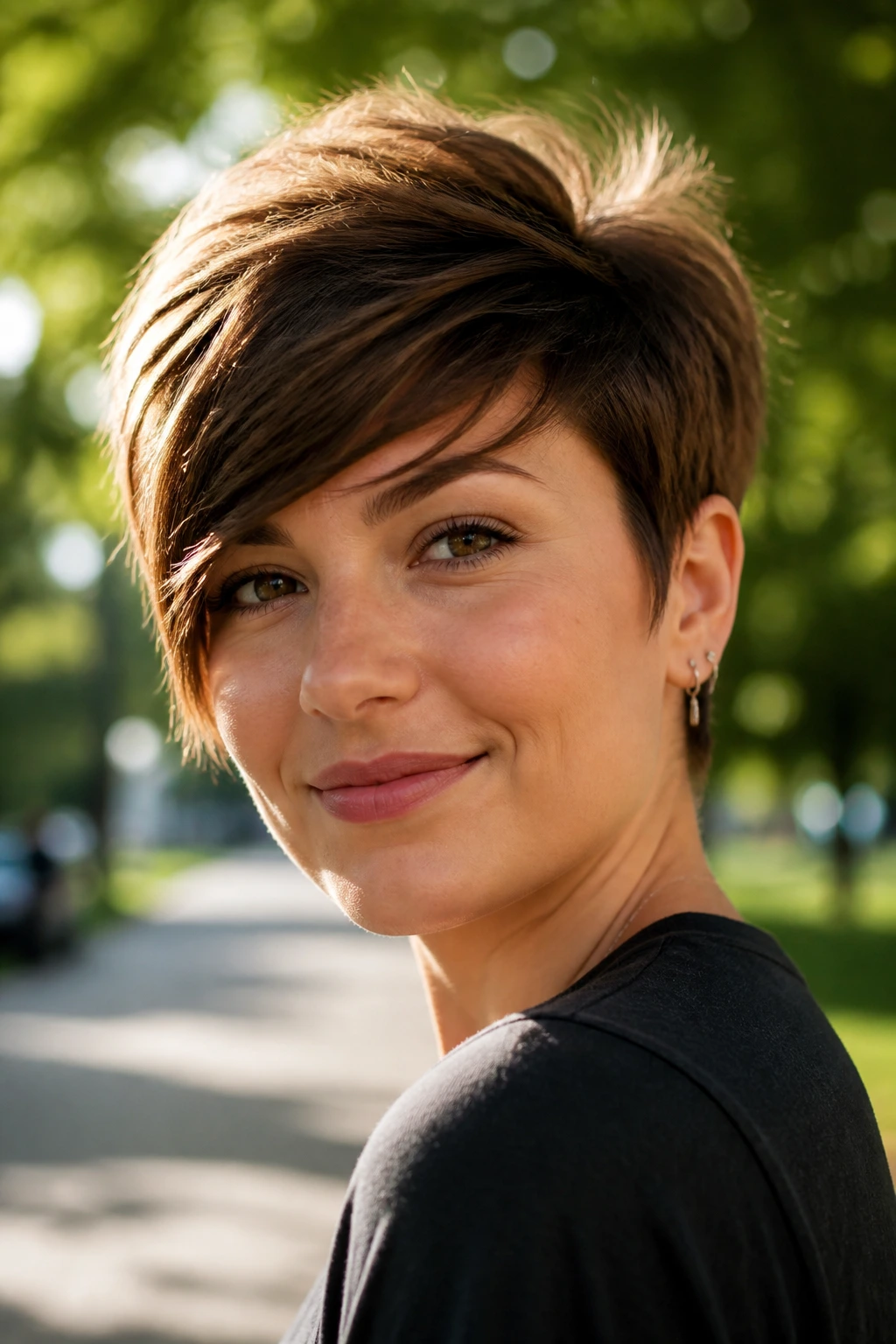 Close-up of a woman with a tall-crowned side-swept pixie
