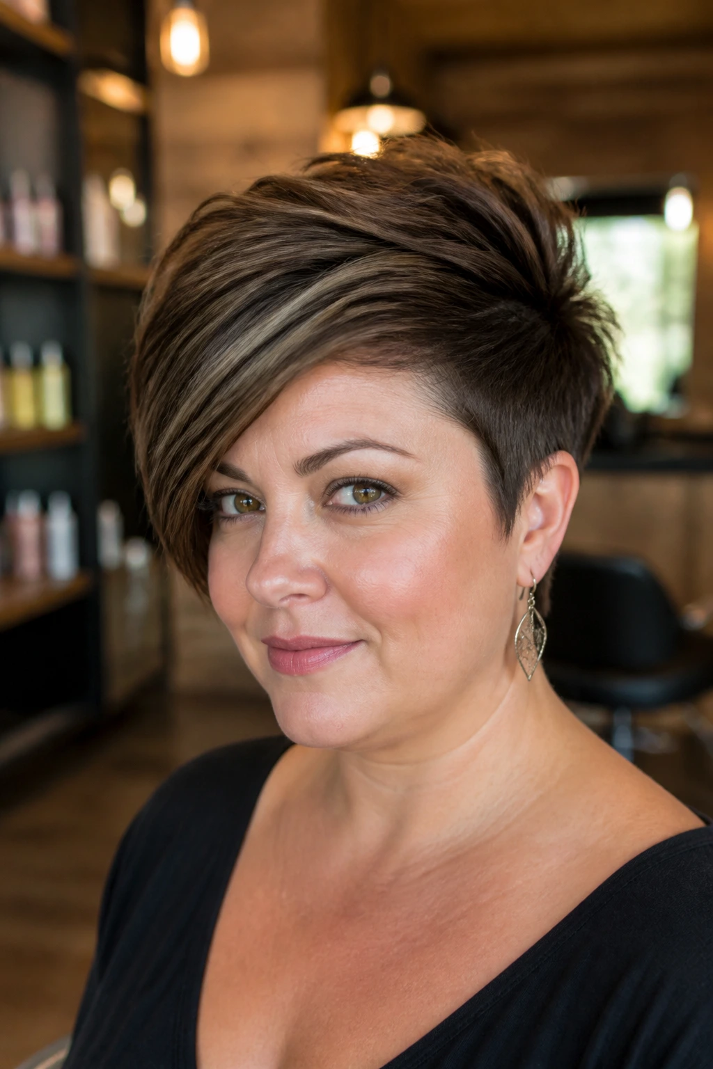 Close-up of side-swept pixie with height on a real woman in a warm salon, diagonal fringe and tapered sides.