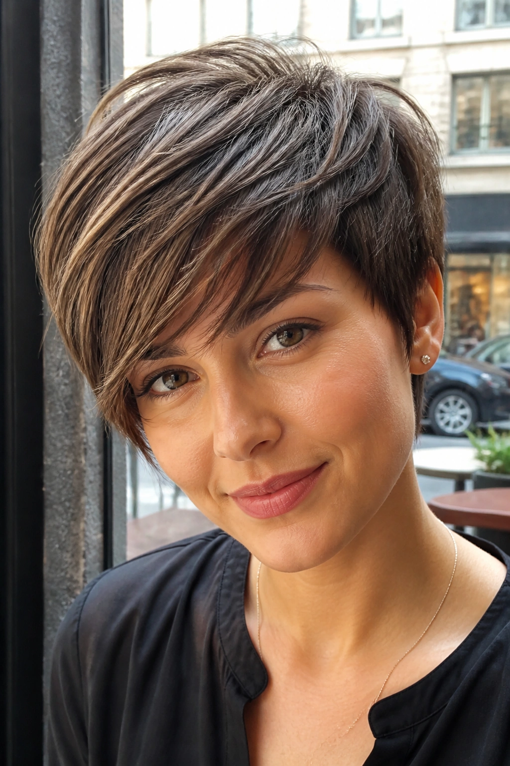 Close-up of a real woman with a side-swept layered pixie in a bright cafe setting.