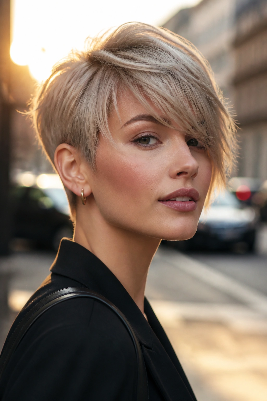 Close-up portrait of a real woman with a side-swept pixie and long fringe