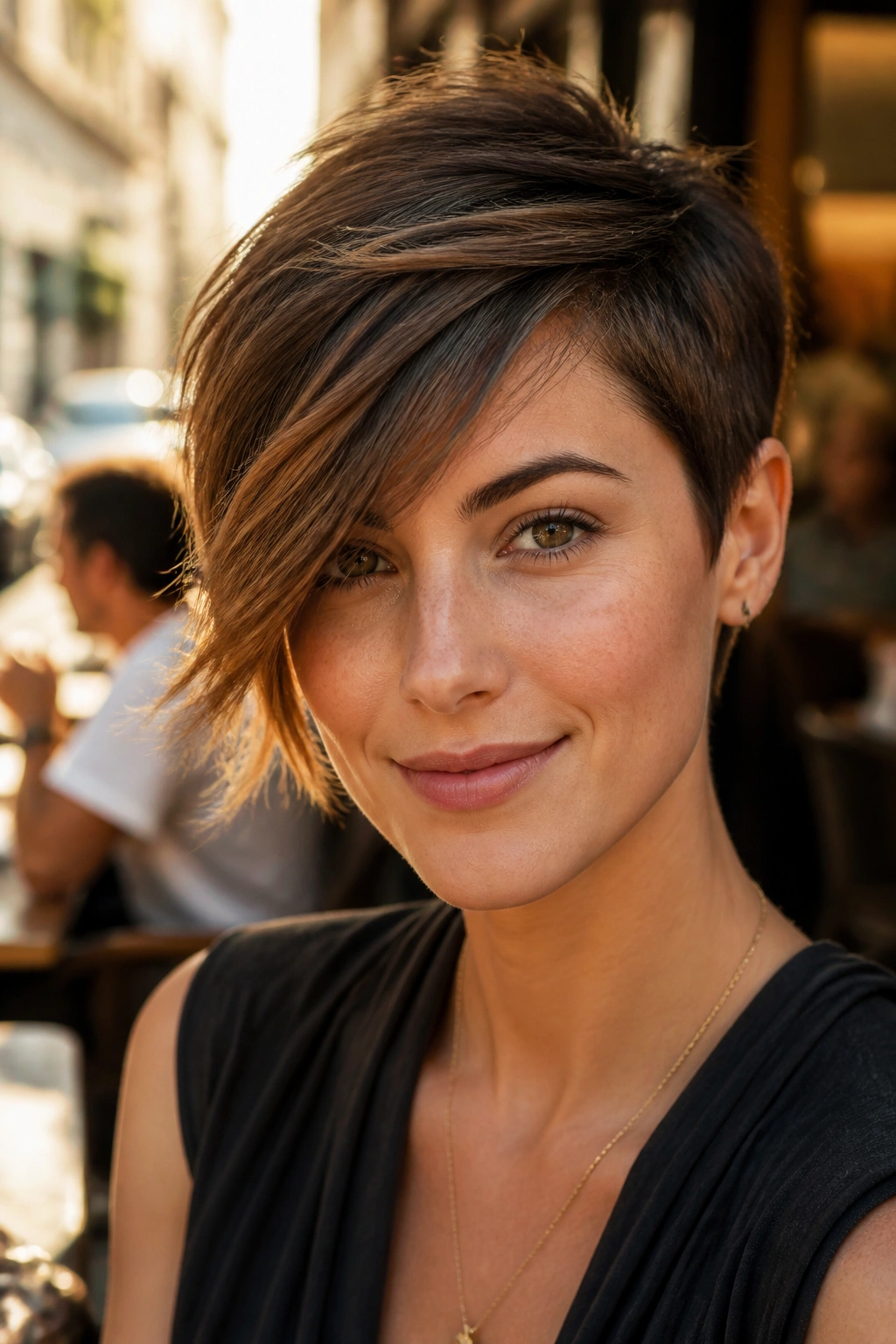 Portrait of a woman with a side-swept pixie and long fringe.