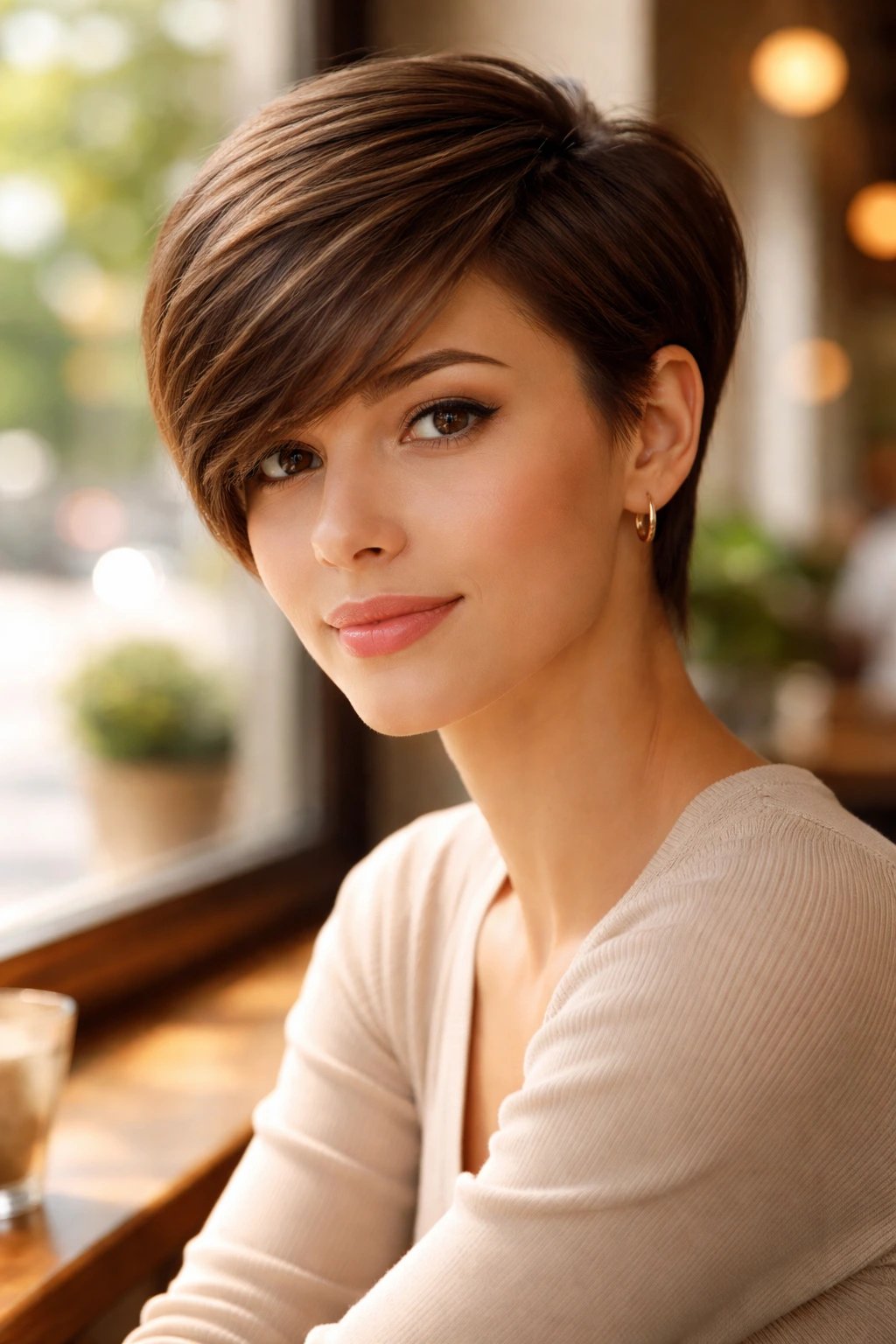 Close-up of a real woman with a long front side-swept pixie, hair sweeping across forehead.
