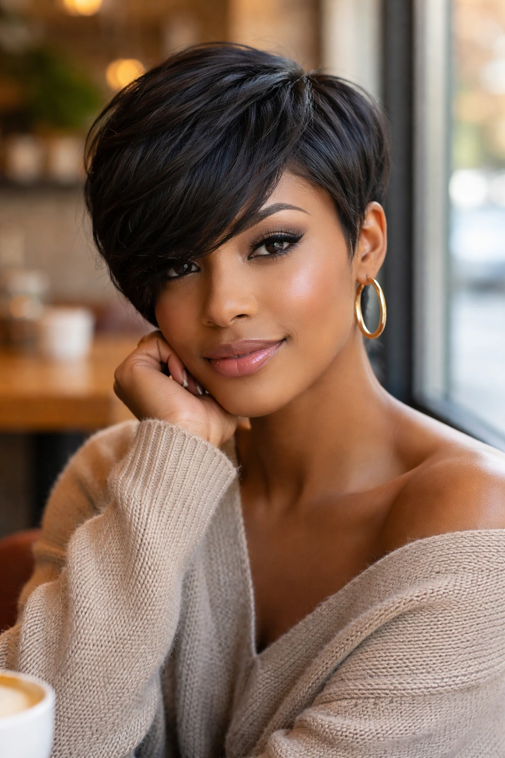 Close-up portrait of a real person with a side-swept pixie across the forehead in soft daylight