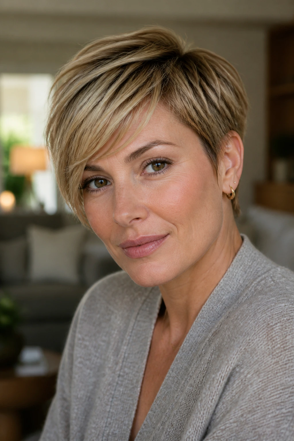 Close-up of a real woman with a side-swept pixie highlighting a long fringe across the forehead.