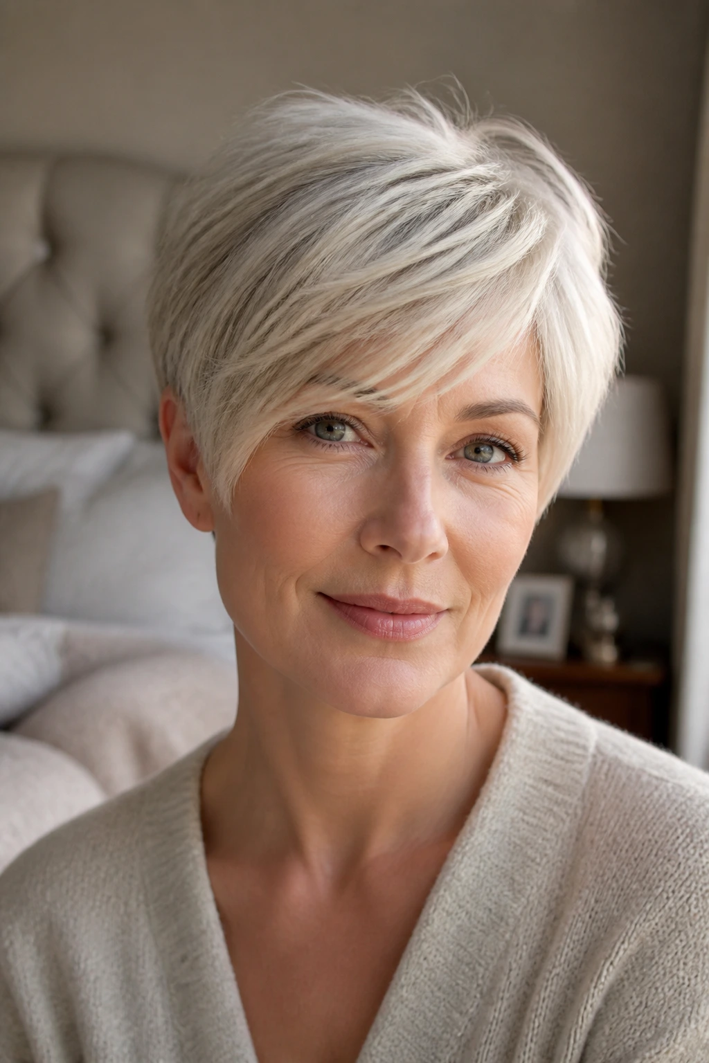 Close-up portrait of a real woman with a long top pixie swept to the side