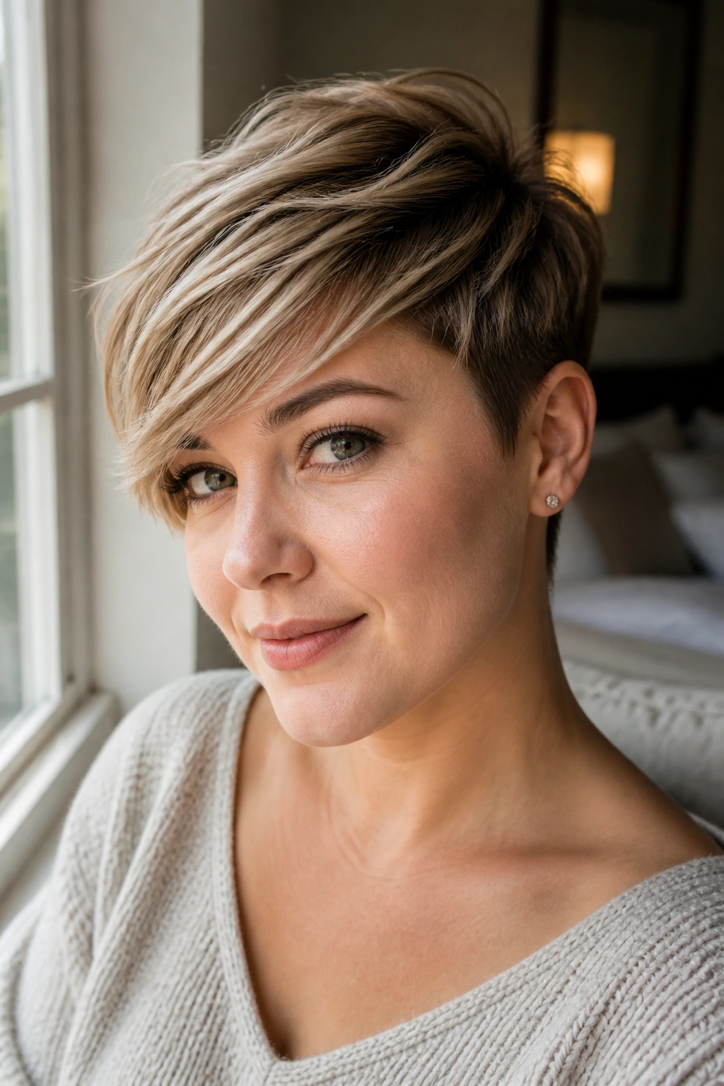 Close-up portrait of a real woman with a side-swept pixie hairstyle on a round face, soft window light.