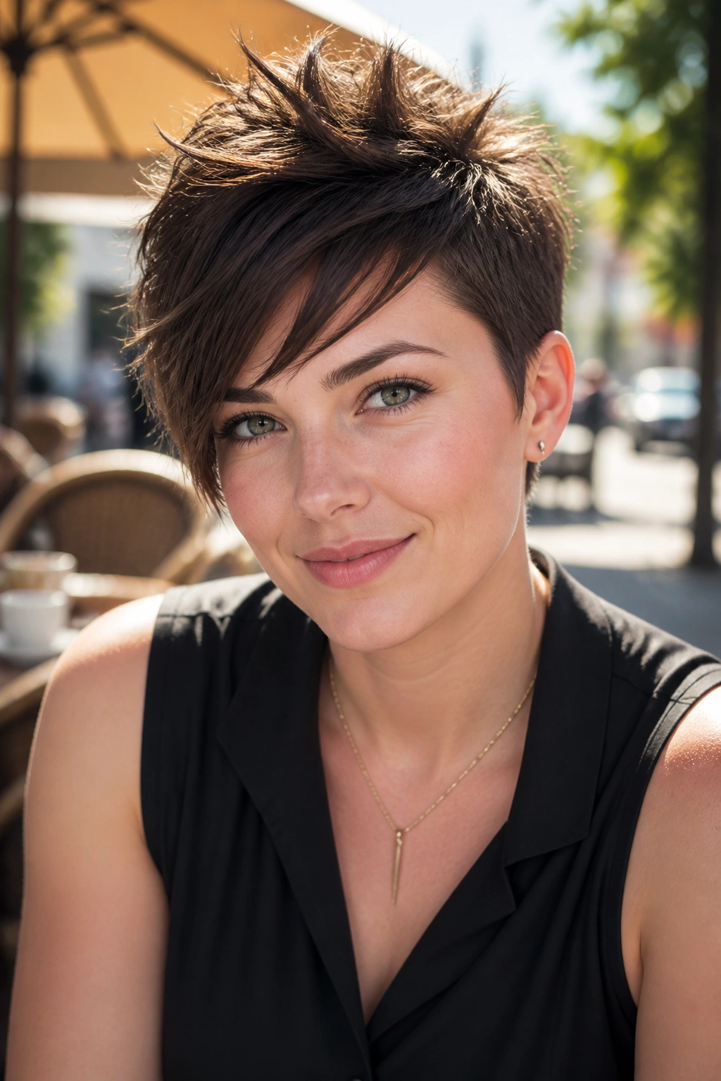 Portrait of a woman with side-swept spiky pixie hairstyle